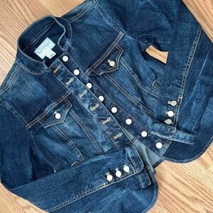 WHBM Size 4 Denim Coat Dark Wash Cotton Stretch Collar Jean Jacket